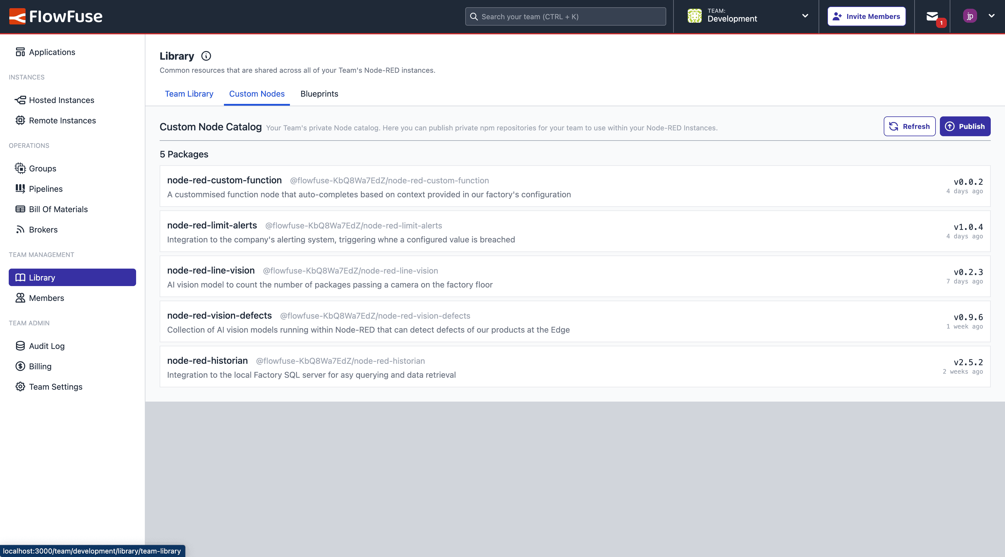Screenshot of the new "Custom Nodes" view in Team Library"