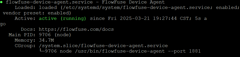 Status of the FlowFuse Device Agent systemd service "Status of the FlowFuse Device Agent systemd service"